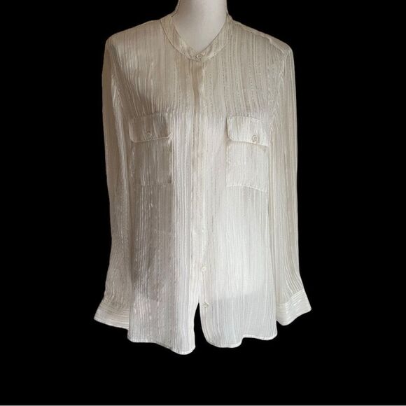 Etcetera White Metallic Silver Silk Blouse Size 16 - Picture 1 of 6